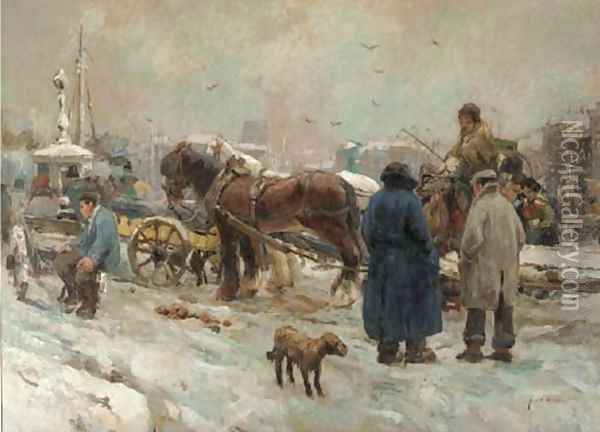 'In de sneeuw' a horse and carriage on a busy quay in winter near the Vierleeuwenbrug, Rotterdam Oil Painting - August Willem van Voorden