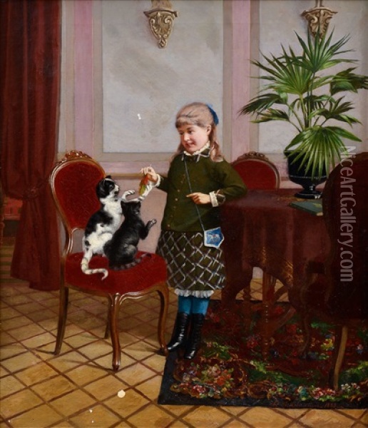 A Girl With Cats Oil Painting - Sigfrid August Keinanen