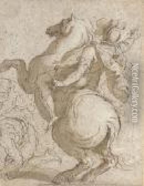 A Cavalier On A Rearing Horse, Crouching Figures To The Left Oil Painting - Acopo D'Antonio Negretti (see Palma Giovane)