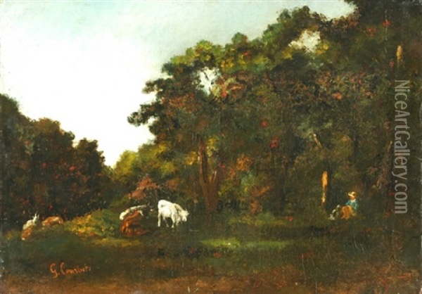 Teichlandschaft Mit Hirte Und Kuhen Oil Painting - Gustave Courbet
