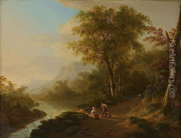 Travellers On A Wooded Lakeside Track In An Italianate Landscape Oil Painting - Lievine Teerlink