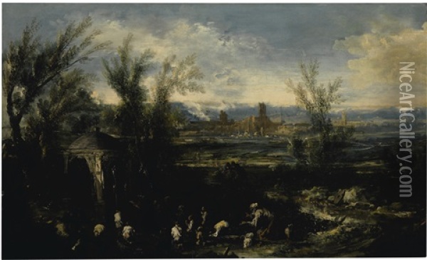 Extensive Landscape With Figures Before A Shrine Oil Painting - Alessandro Magnasco