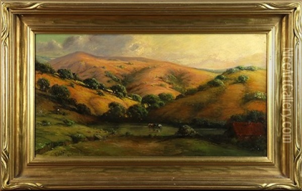 Cows In Pond, California Hills Oil Painting - Thaddeus Welch