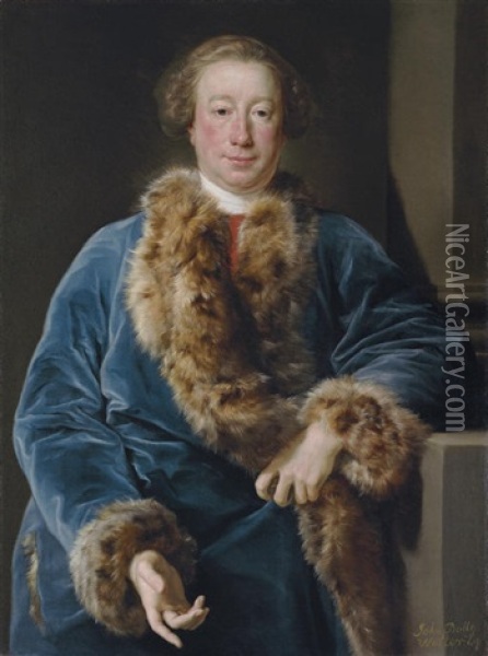 Portrait Of John Rolle Walter, In A Fur-trimmed Blue Coat, Leaning On A Plinth Oil Painting - Pompeo Girolamo Batoni