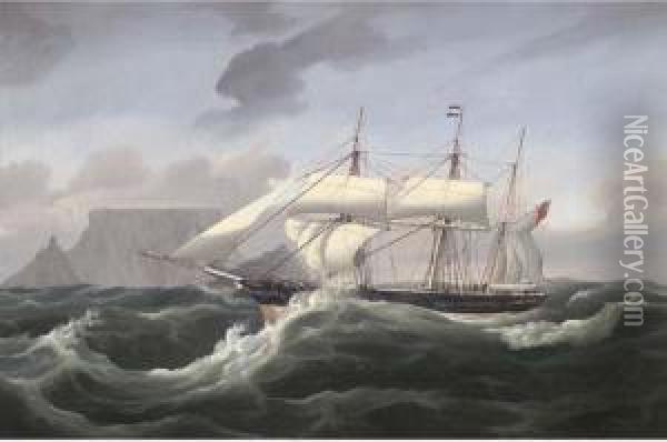 The Barque 
Spinning Jenny 
 Under Reduced Sail Off Cape Town Oil Painting - Ernest Poulson