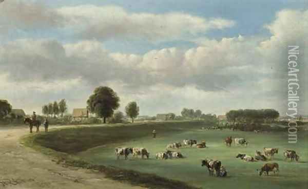 A panoramic view of a river landscape with cows in the forelands Oil Painting - Jan Van Ravenswaay