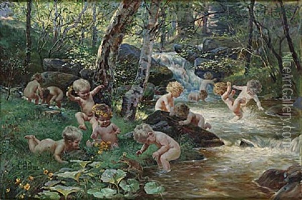 Lekande Barn Och Grodprinsen Oil Painting - Heinrich Max Vogel