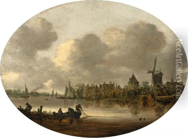Flusslandschaft Mit Windmuhle Oil Painting - Jan van Goyen