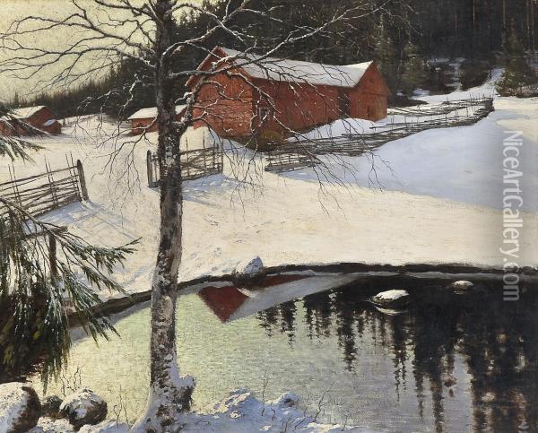 Vinterlandskap Med Gardsbruk Oil Painting - August Wilhelm Nikolaus Hagborg
