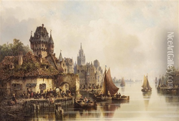 Belebter Flusskai An Einer Mittelalterlichen Deutschen Stadt Oil Painting - Ludwig Hermann