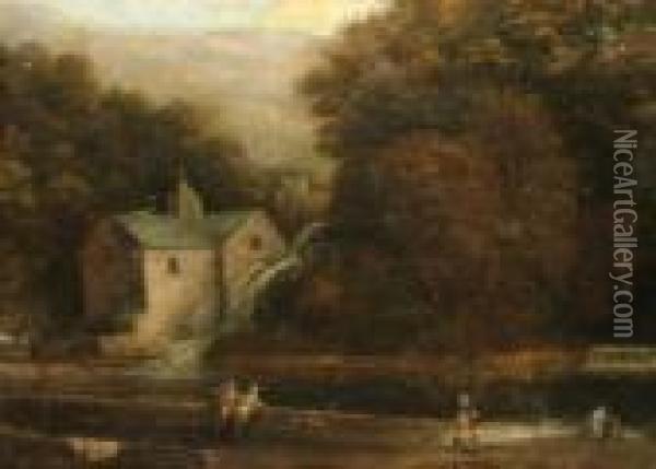 Follower Of Benjamin Barker Of 
Bath -- Figures By A River With A Mill And Woodland Beyond Oil Painting - Benjamin Barker Of Bath