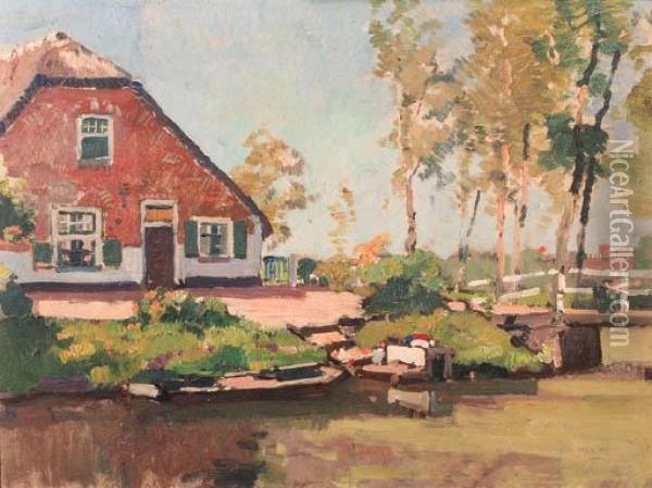 A Summer Landscape With A Farm Along A Canal Oil Painting - Cornelis Vreedenburgh