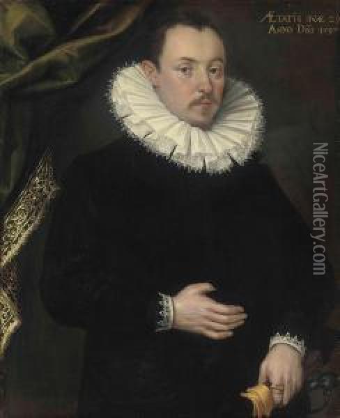 Portrait Of A Gentleman, Aged 29, Half-length, In A Black Coat Andwhite Ruff, Gloves In His Left Hand Oil Painting - Frans Pourbus