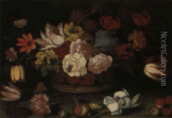 Still Life Of Flowers In A Basket, With Cherries, Shells And Insects Oil Painting - Balthasar Van Der Ast