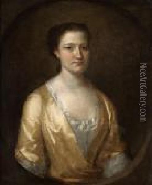 Kvinna I Gul Sidenklanning Oil Painting - Michael Dahl