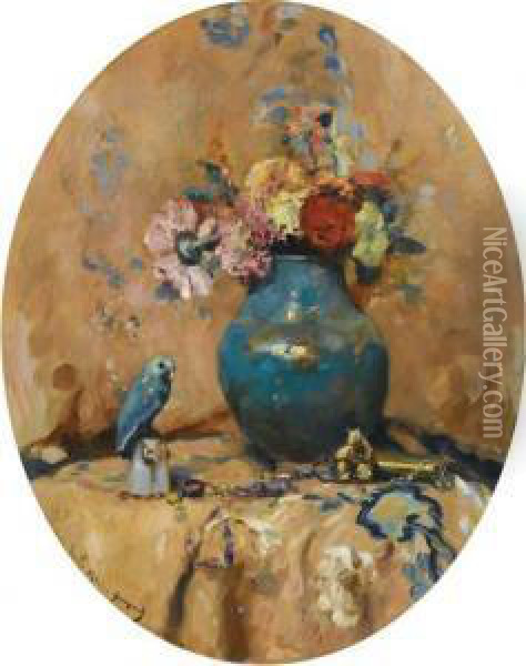 Fleurs Dans Un Vase Avec Une Perruche Oil Painting - Maurice Bompard