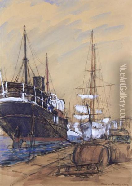 Ships In Harbour Oil Painting - Albert Benois