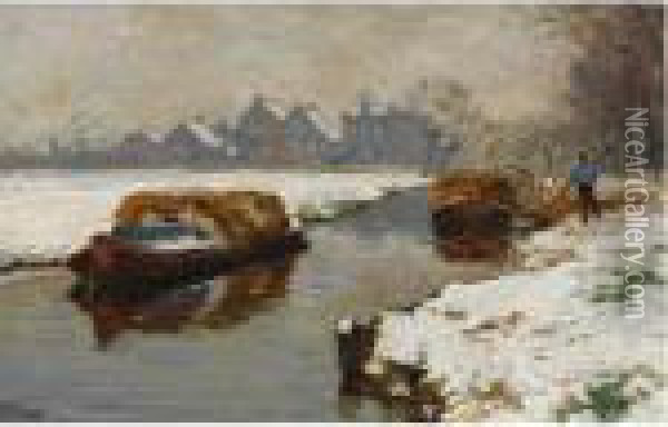 Hay Barges In Winter Oil Painting - Bernard, Ben Viegers