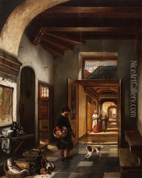 Interior View In A 17th Century House Oil Painting - Hubertus van Hove