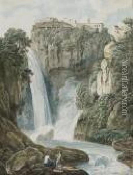 Vue Des Cascades De Tivoli A Rome, Deux Personnages Au Premier Plansur Des Rochers Oil Painting - Johann Heinrich Wilhelm Tischbein I