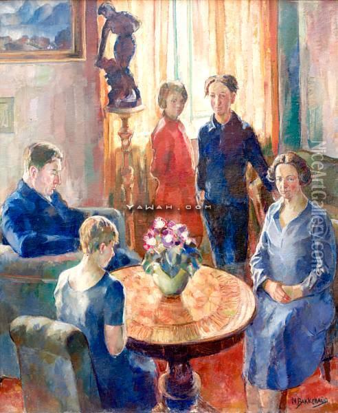 Familieportrett I Interior Olje Pa Lerret Oil Painting - Normann Bakkehaug