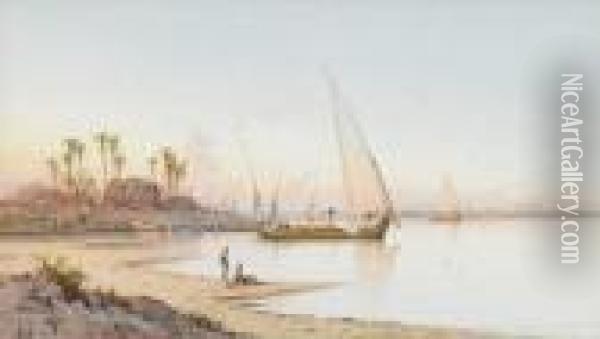 Uferpartie Am Nil. Oil Painting - Spyridon Scarvelli