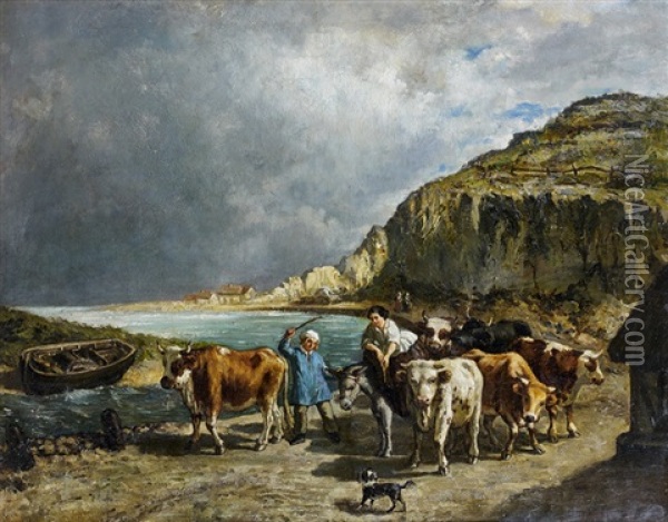 Gardienne De Boeufs Et Son Troupeau En Bord De Mer Oil Painting - Rene-Joseph Menard