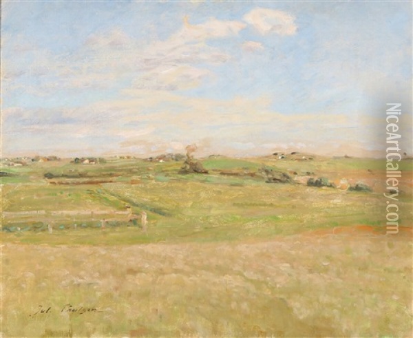 View Over A Sunlit Field Oil Painting - Julius Paulsen