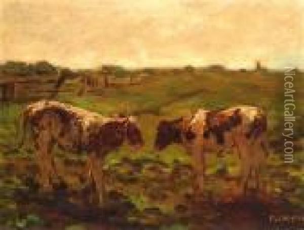 Two Heifers Oil Painting - Fedor Van Kregten