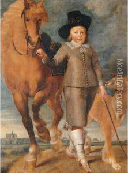 Portrait Of A Young Boy Standing In A Landscape With A Horse And A Dog, The Town Of Alkmaar In The Distance Oil Painting - Matthys Van Den Bergh