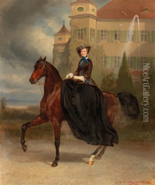 Empress Elisabeth Of Austria As Bride On Horseback In Possenhofen 1853 Oil Painting - Franz Adam