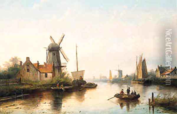 A river landscape with villagers in rowing boat and sailing barges, at dusk Oil Painting - Jan Jacob Coenraad Spohler