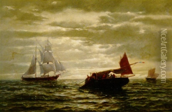 Marine. Dreimaster Bei Einem Fischerboot Oil Painting - Julius Huth