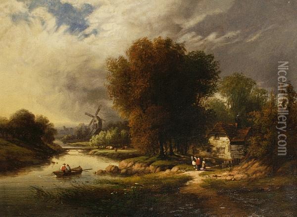 River Landscape With A Barge Oil Painting - Walter Williams
