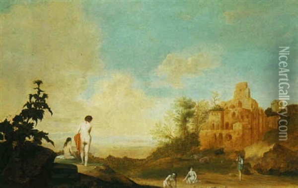 Landscape With Italianate Ruins And Figures Bathing Oil Painting - Reynier Van Der Laeck