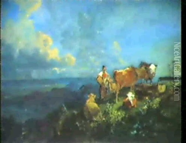 Gebirgsalm Mit Kuhen Und Almhirten Oil Painting - Heinrich Buerkel