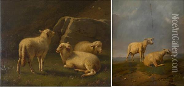 Trois Moutons Au Rocher Oil Painting - Adolphe Robert Jones