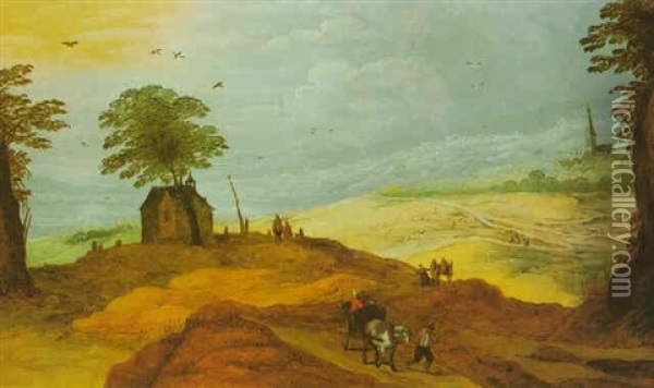 A Hilly Landscape With Horse-drawn Carts On A Road Near A Chapel, A Church Tower Beyond Oil Painting - Joos de Momper the Younger