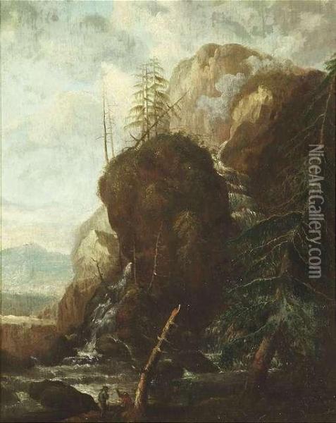 Rocky Landscape With A Waterfall And Figures. Oil/oak Oil Painting - Allart Van Everdingen