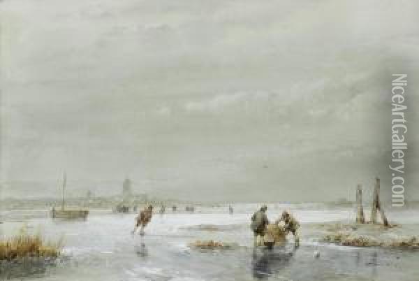 A Winter Landscape With Skaters Oil Painting - Andreas Schelfhout