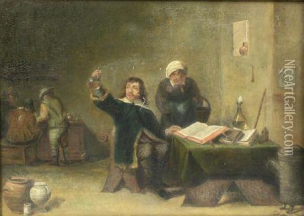An Alchemist And His Assistant In An Oil Painting - David The Younger Teniers