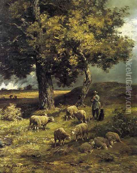 Tending the Flock I Oil Painting - Charles Emile Jacque