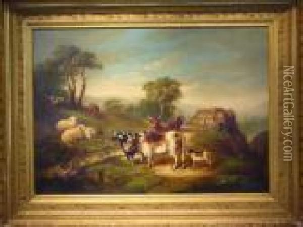 Cows And Sheep In A Landscape Oil Painting - Susan C. Waters