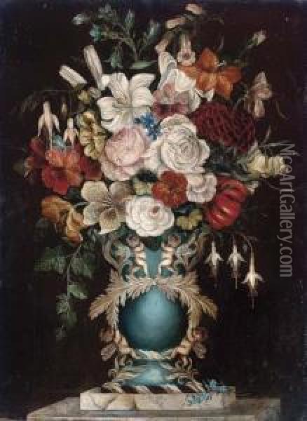 Summer Flowers In An Ornate Vase Decorated With Cherubs Oil Painting - Martha Darley Mutrie