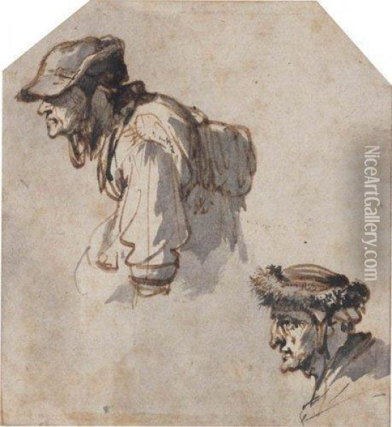 Deux Etudes De Personnages En Buste Portant Des Chapeaux Oil Painting - Adriaen Jansz. Van Ostade