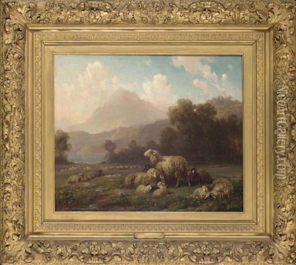 Sheep Grazing, A Mountainous Landscape Beyond Oil Painting - Louis, Ludwig Reinhardt