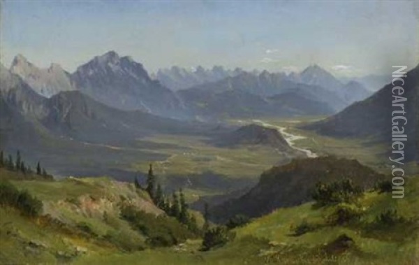 Blick In Ein Weites Gebirgstal Oil Painting - Ludwig Georg Eduard Halauska
