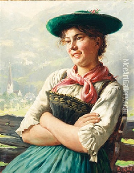 A Shepherdess Sitting In An Alpine Landscape Oil Painting - Emil Rau