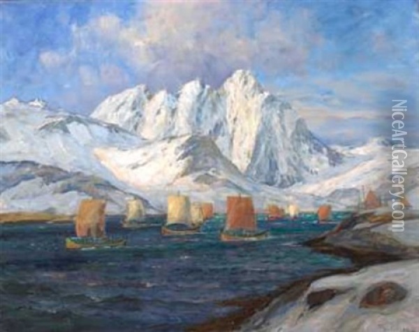 Nordlandssjekter Pa Vei Mot Fiske Oil Painting - Thorolf Holmboe