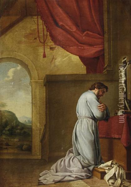 A Monk Meditating Before An Altar Oil Painting - Eustache Le Sueur